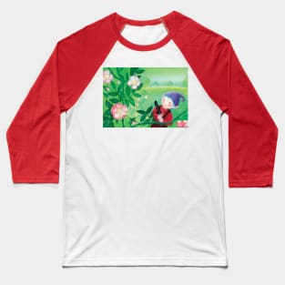 Purple Hat Gnome behind a wild rose bush Baseball T-Shirt